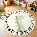 Tapis Design Cartoon Dinosaur Rugs, Soft Cute Childrens Rug Low Pile Nursery Rug Boys Girls Bedroom Rug Non-slip Washable Kids Carpets for Playroom, Round Rug 60cm, Beige and Duck Egg Blue