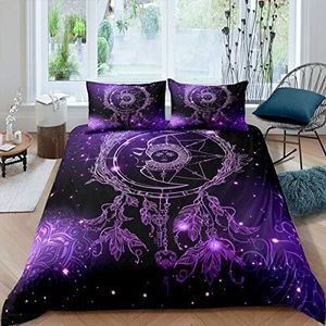 Bohemian Dreamcatcher Bedding Set Galaxy Sun and Moon Duvet Cover for Kids Girls Adults Boho Tribal Comforter Cover Universe Nebula Bedspread Cover Bedroom Collection 3Pcs Double Size,Purple