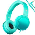 Rockpapa Grade Wired Headphones with Microphone, Lightweight Foldable Stereo Bass Headphones with No-Tangle Cord & 3.5mm Jack for Adult/Kids, Laptop Computer Tablet Airplane Chromebooks Teal