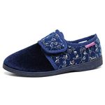 Womens Floral Print Touch and Close Slippers Ladies Memory Foam Machine Washable Shoes (Navy Blu, Numeric_7)