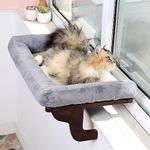 Zakkart Cat Perch for Window Sill with Bolster - Orthopedic Hammock Design with Premium Hardwood & Robust Metal Frame - Cat Window Seat for Large Cats and Kittens - Dark Stained Wood with Gray Bed