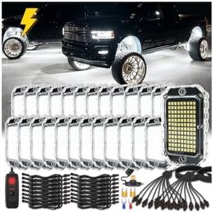 24Pods 108LEDs Strobe Pure White Rock Light Kit with 3 Flash Mode 6500K 12V | 3 Strobe+Steady, Aluminum Housing, Plug-Play Pre-Wired w/ Switch Wiring Harness Extension Fuse, Waterproof for Trucks Pickup