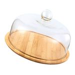 VOSAREA Wood Cake Tray with Glass Dome Cover Wood Server Cake Stand Round Cake Display Plate Serving Platter Dessert Storage Tray for Wedding Party Supplies (Clear, 24cm)