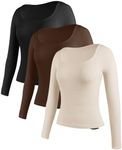 Aranmei Women 3 Pack Long Sleeve Tops Scoop Neck Slim Fit Basic Thermal Shirts Tee Shirts, Beige+black+brown, Medium