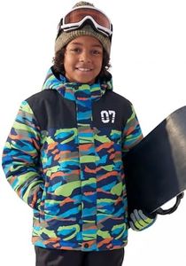 FREE SOLDIER Boy's Waterproof Warm Ski Jacket Windproof Fleece Thick Kids Winter Coat with Hood for Snowboarding Outdoor (Mountain Stripe 4-5/Boy)