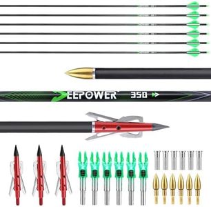 DEEPOWER 31 inch Hunting Arrows 100% Carbon Arrows 6 Pack with Mechanical Broadhead Nocks for Compound Bow and Recurve Bow(Spine 350)