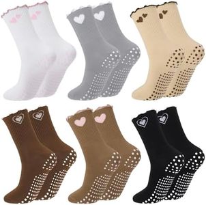 scenicamp 6 Pairs Pilates Grip Socks for Women, Cute Non-Slip Ruffle Yoga Socks with Grippy Dots & Arch Support for Ballet & Reformer(Heart)
