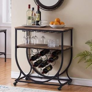 IHOMDEC Industrial Bar Cart on Wheels for Home, Wine Rack Cart with Glass Holder, Vintage Brown