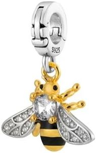 Crystal Honey Bee Open Clasp Clip On Pendant 925 Sterling Silver Charm For Pandora & Other Charm Bracelets/Necklaces, Silver Enamel, No Gemstone