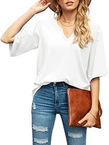 SUEANI Women's Blouse Tops Loose V Neck 3/4 Bell Sleeve Shirt, C-02- White, X-Large