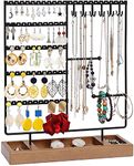 ROLLYWARE Earring Holder,5-Tier Ear Stud Holder with Wooden Tray,Jewelry Organizer Holder for Earrings Necklaces Bracelets Watches and Rings,Earring Display Stand with 132 Holes,Black (Black, 1)