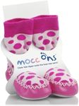 Mocc Ons moccasin washable leather sole slipper socks (18-24 Months, Pink Spot)