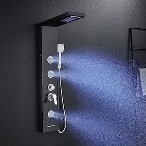 ROVATE LED Shower Panel Tower System with Rainfall Waterfall Shower, Black Shower Panels with Jets and Rainfall and Handheld, 5 in 1 Stainless Steel Shower Panel System High Pressure with Tub Spout