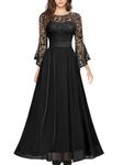 MISSMAY Women's Vintage Scoop Neck Lace Bell Sleeves Chiffon Prom Bridesmaids Party Gown Formal Long Dress (Meidum, Black)