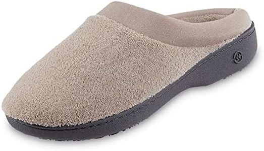 isotoner Women's Terry and Satin Slip on Cushioned Slipper with Memory Foam for Indoor/Outdoor Comfort, Stone, 8.5-9