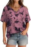 Womens Summer Tops Short Sleeve Shirts Tee V Neck Tops and Blouses Tie Dye Pink