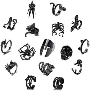 ZZHDCC 24Pcs Vintage Cool Gothic Rings Set for Women Men Multi-Style Y2K Alt Rings Adjustable Chunky Rings Stacking Knuckle Black Rings Snake Hug Finger Rings Hippie Punk Open Rings Halloween for Gift, Metal, No Gemstone