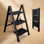 Lifelong 3 Steps Steel Ladder for Home, Foldable & Portable Stairs, Versatile Use for Kitchen, Bathroom & Office Foot Stool - Multipurpose Three Step Stool with 150 Kg Capacity (LLSLS03, Black)