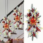 2024 Cordless Prelit Stairway Christmas Swag, 23.6 inch Christmas Swags Wreaths Garlands with Lights and Timer, Snow Pine Teardrop Swag Christmas Staircase Decorations for Front Door Wall Window Home