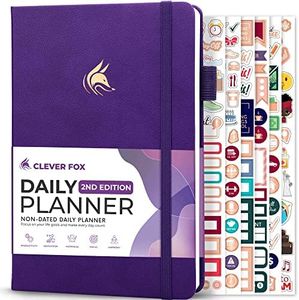 Clever Fox Agenda diaria 2ª edición, organizador de tareas de bloque de tiempo sin fecha con horario y lista de tareas pendientes, A5, 6 meses (morado)