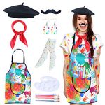 Kyson Artist Costume for Adult 8 Pcs Painter Halloween Dress Up with Beret Apron Palette Paint Brushes Earrings Bandana Beard (Paint Pattern Apron)