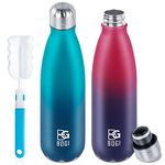 BOGI 2 Pack Insulated Water Bottle,500ml Stainless Steel Water Bottle-Leakproof Metal Water Bottle-Keep Drink Hot & Cold Water Bottle-Sport Water Bottle for Girls Boys with Cleaning Brush(DRed+BDblue)