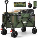 Overmont Festival Camping Folding Trolley - All-terrain Extra Wide Wheels with 330lbs Capacity - Heavy Duty Beach Wagon Cart for Garden, Shopping - Adjustable Handle & Drink Holders - Green