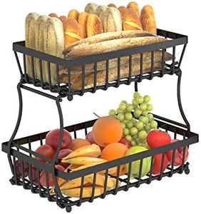 Apsan 2 Tier Countertop Fruit Basket for Kitchen, Detachable Metal Organizer for Bread Vegetable Fruits, Large Capacity Rectangular Storage Stand Bowls, Black