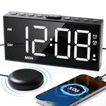 Upgraded Loud Alarm Clock with Bed Shaker for Heavy Sleeper,3-level Vibrating,Large Digits,Weekday/Weekend Mode,Dual Alarms for Hearing-impaired/Deaf,5 Volume,Dimmer,USB Charger,Snooze,Battery Backup
