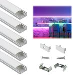 Muzata 5Pack 3.3FT/1M LED Channel System with Milky White Cover Lens,Silver Aluminum Extrusion Profile Housing Track for Strip Light with U Shape U1SW WW 1M