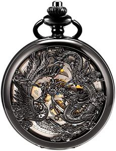 ManChDa Mechanical Pocket Watch for Men Women Dragon and Phoenix Pocket Watch with Chain, 5.black Blue, Small, 1d. Black Blue
