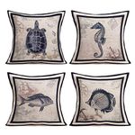 Asminifor Ocean Marine Life Pillow Covers Cotton Linen Sea Theme & Beach with Anchor/Sailboat Decorative Throw Pillow Case Cushion Cover 18" x 18" Set of 4 (Retro Sea Animal)