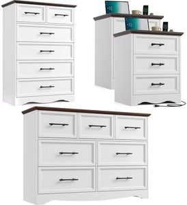 Bedroom Set, 4 Pieces Bedroom Furniture Set, 47"W 7 Drawer Dresser, 44"H 6 Drawer Dresser and 3 Drawers Nightstands with Charging Station, Farmhouse Storage Organizer Cabinet for Bedroom, White