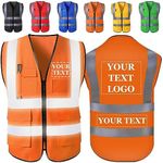 Custom Safety Vest Personalized Logo/Text/Name Customize High Visibility Vests with Pockets and Zipper Bulk for Women Men Work-Orange