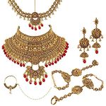 Lucky Jewellery Ethnic Copper Finish Bridal Alloy Gold Plated Magenta Color Pearl Dulhan Shadi Jewellery Set 7 pcs. for Girls & Women (3630-G2ZR-175SM-LCT-R)