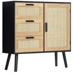 Iwell Rattan Cabinet with 3 Drawers, Sideboard Buffet Cabinet with Adjustable Shelf, Rattan Dresser for Living Room, Hallway, Home Office, Natural + Black CSNG001BR