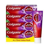 Colgate Max White Purple Reveal Teeth Whitening Toothpaste, Clinically Proven to Remove up to 100 Percent Surface Stains* and Instantly** Correct Yellow Tones, Toothpaste Multipack, 4 Pack, 75ml Tubes