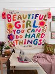 AEARGIV Colorful Beautiful Girl You Can Do Hard Things Flower Tapestry Funny Letter Printed Tapestry Wall Hanging Inspirational Dorm Decor for Living Room Bedroom(47.24 L* 39.37 W, White)