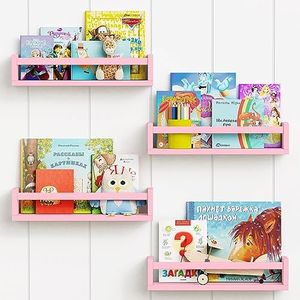 Forbena Pink Floating Shelves for Wall, Aesthetic Wall Bookshelf for Girls Room Decor, Wood Nursery Bookshelves for Toddler Kids Bedroom Book and Toy Storage Organizer (Set of 4, Pink)