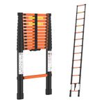 BonKaso Telescopic Ladder, 3.8m / 12.5Ft, 13 Steps – Heavy-Duty Foldable Alloy Steel Ladder | Anti-Slip, 150kg Load Capacity, Rustproof & EN131 Certified – Matt Black & Orange