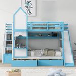 Full-Over-Full Castle Style Bunk Bed with with Slide and Storage Staircase,Wood Bunk Bed Frame with with Under Bed Drawer and Side Shelves,Large Storage&Save Space,for Kids Teens Boys Girls Blue