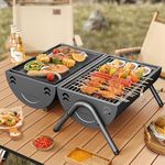 Outplea Portable BBQ Grill, Small Tabletop Charcoal Grill, Mini Beach Grill with Grate and Fry Pan, Table Top Smoker for Outdoor Camping