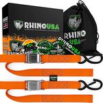 Rhino USA Motorcycle Tie Down Straps (2 Pack) Lab Tested 3,328lb Break Strength, Steel Cambuckle Tiedown Set with Integrated Soft Loops - Better Than a Ratchet Strap (Orange 2-Pack)