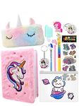 Le Delite Unicorn Fur Diary For Girls Pack Of 10 Items Furry Notebook With Fur Pencil Pouch,Pen-Bullet Pencil,Eraser,Folder Pouch,Stickers,Keychain,Badge,Perfect Unicorn Combo Gift (Multicolor)