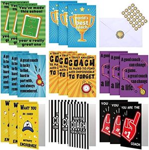 24 Sets Thank You Card for Coach Gifts Greeting Card with Envelopes and Stickers for Coach Teacher Appreciation Gift for Men Basketball Baseball Soccer Football Birthday Athlete