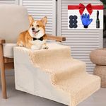 Almcmy 3-Step Dog Stairs 12" H, Plastic Pet Stairs with Washable Cover, 1 Pet Grooming Glove & 1 Lint Roller, Non-Slip Pet Steps for Small Dogs and Cats, Pet Stairs for Beds and Couches, Khaki