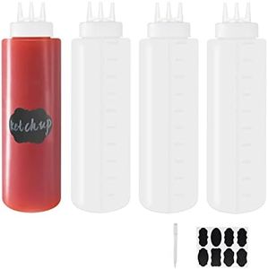 Belinlen 4 Pack 32oz/1000ml Plastic Squeeze Bottles 3-Hole Squirt Condiment Bottles Tomato Sauce Dispensers for Ketchup BBQ Dressing Paint Workshop Pancake Art Craft with 8 Chalk Labels and 1 Pen