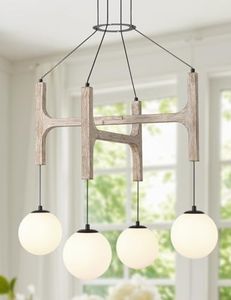 Farmhouse Antique White Wood Chandelier, 4-Lights Rustic Dining Room Light Fixture Kitchen Island Lighting, Vintage Milk Glass Globe Pendant Chandelier Hanging for Living Room Entryway