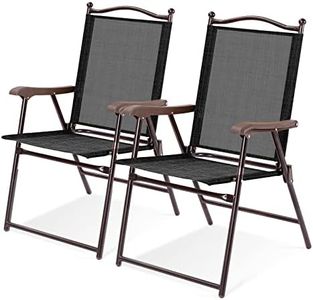 Costway Set of 2 Patio Folding Chairs, Indoor Outdoor Folding Chairs with Armrests, Steel Frame, Weather Resistant Portable Dining Seating Textilene Lounge for Lawn, Backyard, Deck (Black)