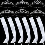 6 Set Sashes for Pageants Prom Queen Crown Blank Sashes Rhinestones Tiara Satin Sash for Wedding Prom Party Decorations DIY(White, Silver)